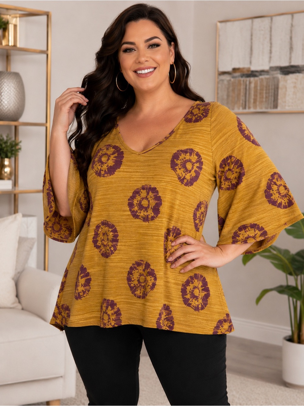 Wonderly Mustard V-Neck Top with Purple Floral Medallions